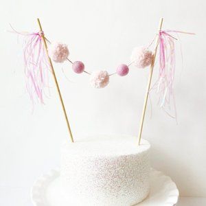 Pastel Pink Pom Pom Felt Ball Cake Topper, Birthday Cake Topper for Girls Decor
